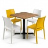 mesa de madera con 4 sillas apilables amarillas